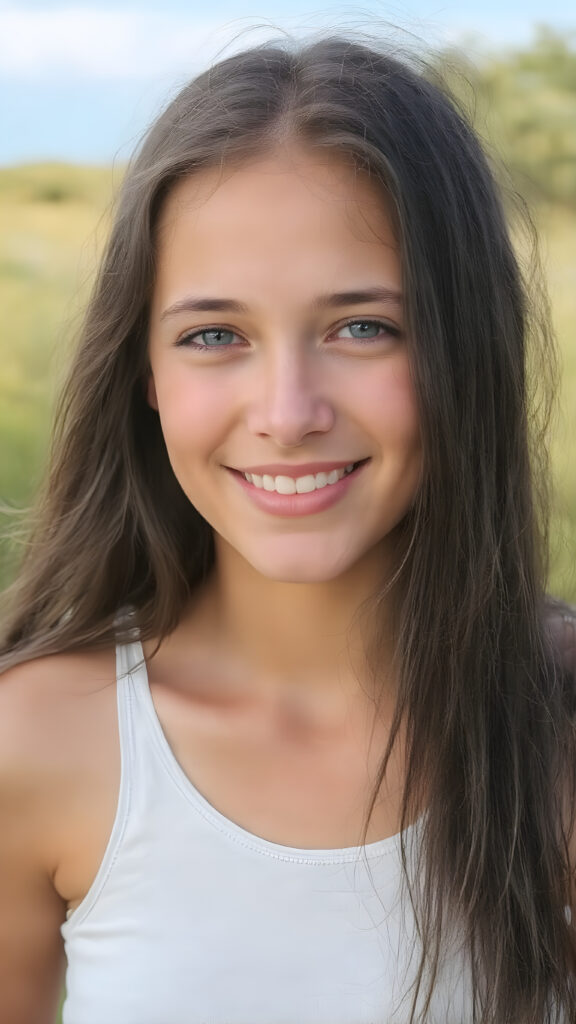 a fantastic young adult tanned teen girl, she is my daughter, with long straight black soft hair is standing in a sunny meadow. In the background is a deep blue lake, she is smiling, ((detailed and super realistic)), she wears a short plain tank top