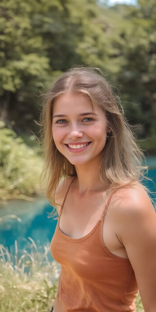 a fantastic young adult tanned petite teen girl, she is my daughter, with long jet amber soft hair, she is standing in a sunny meadow. In the background is a deep blue lake, she is smiling, ((detailed and super realistic)), she wears a short plain tank top