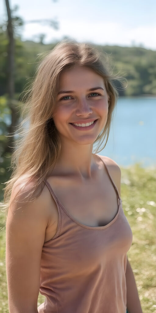 a fantastic young adult tanned petite teen girl, she is my daughter, with long jet amber soft hair, she is standing in a sunny meadow. In the background is a deep blue lake, she is smiling, ((detailed and super realistic)), she wears a short plain tank top