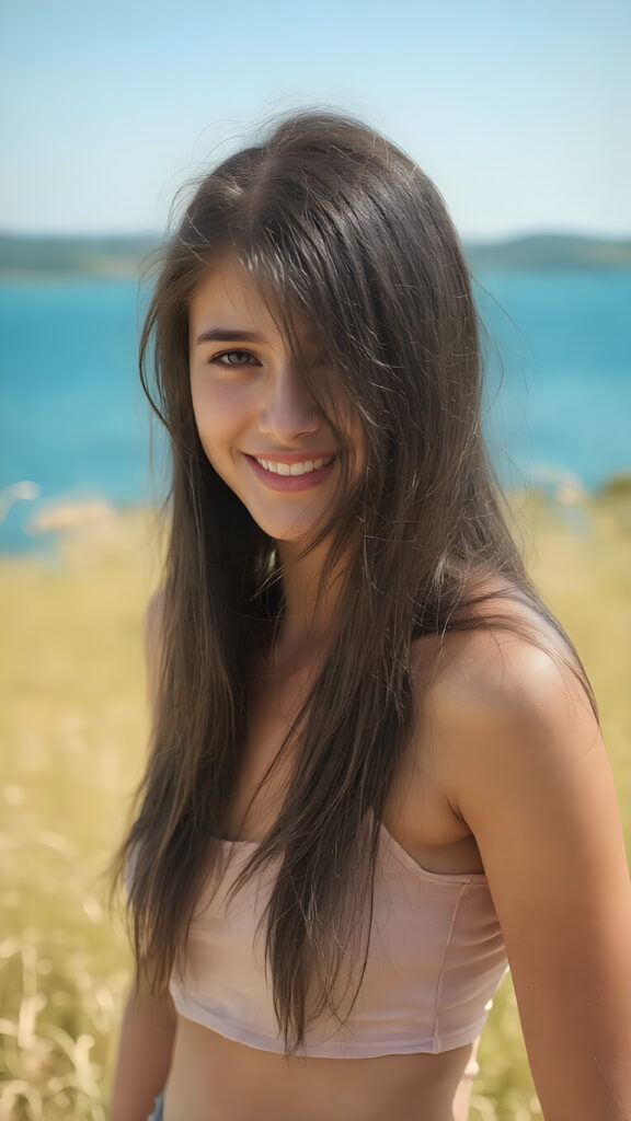 a fantastic young adult tanned teen girl, she is my daughter, with long straight black soft hair is standing in a sunny meadow. In the background is a deep blue lake, she is smiling, ((detailed and super realistic)), she wears a short plain tank top