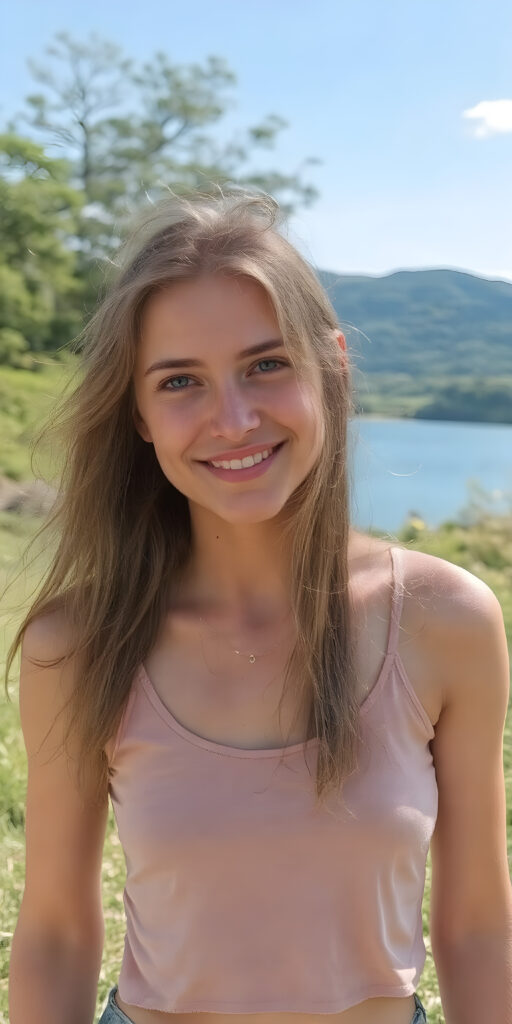 a fantastic young adult tanned petite teen girl, she is my daughter, with long jet amber soft hair, she is standing in a sunny meadow. In the background is a deep blue lake, she is smiling, ((detailed and super realistic)), she wears a short plain tank top