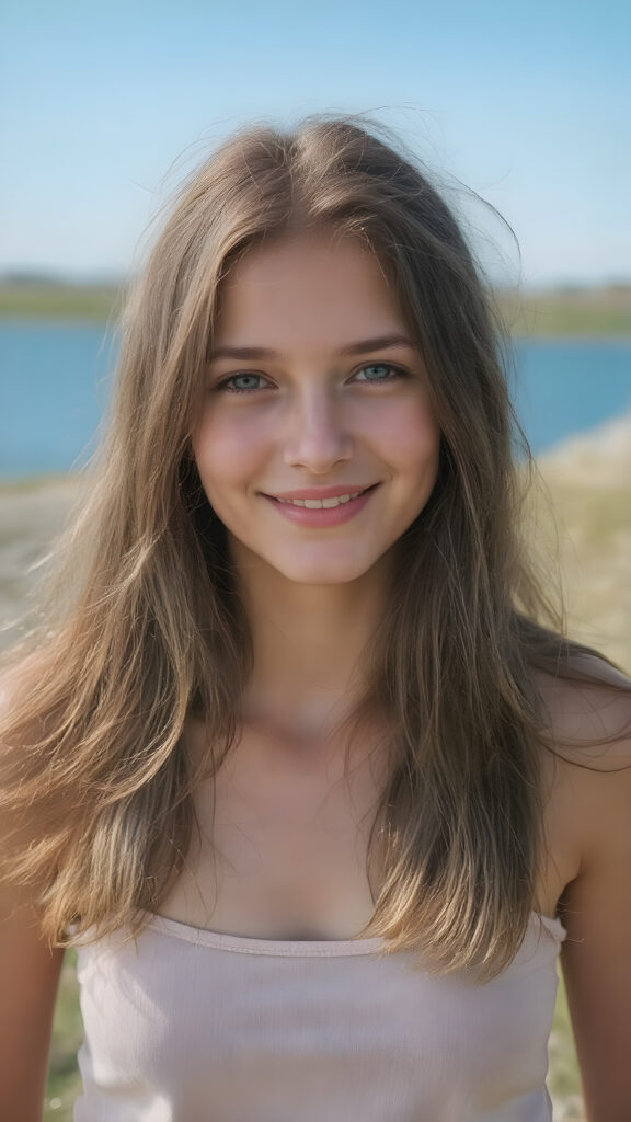 a fantastic young adult teen girl, she is my daughter, with long brown soft hair is standing in a sunny meadow. In the background is a deep blue lake, she is smiling, ((detailed and super realistic)), she wears a short plain tank top