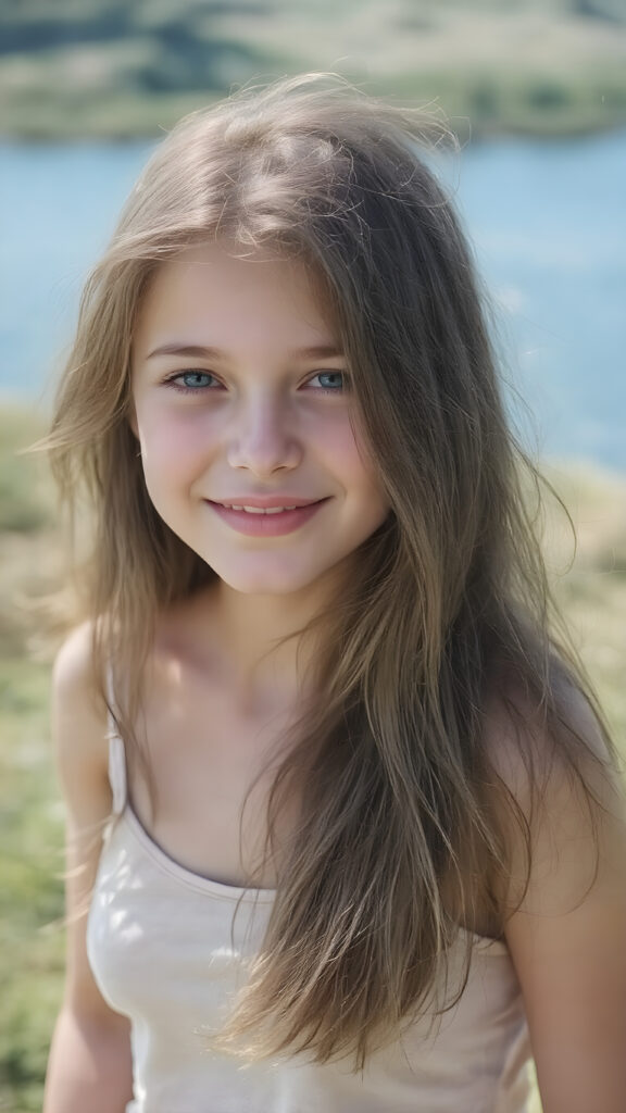 a fantastic young adult teen girl, she is my daughter, with long brown soft hair is standing in a sunny meadow. In the background is a deep blue lake, she is smiling, ((detailed and super realistic)), she wears a short plain tank top