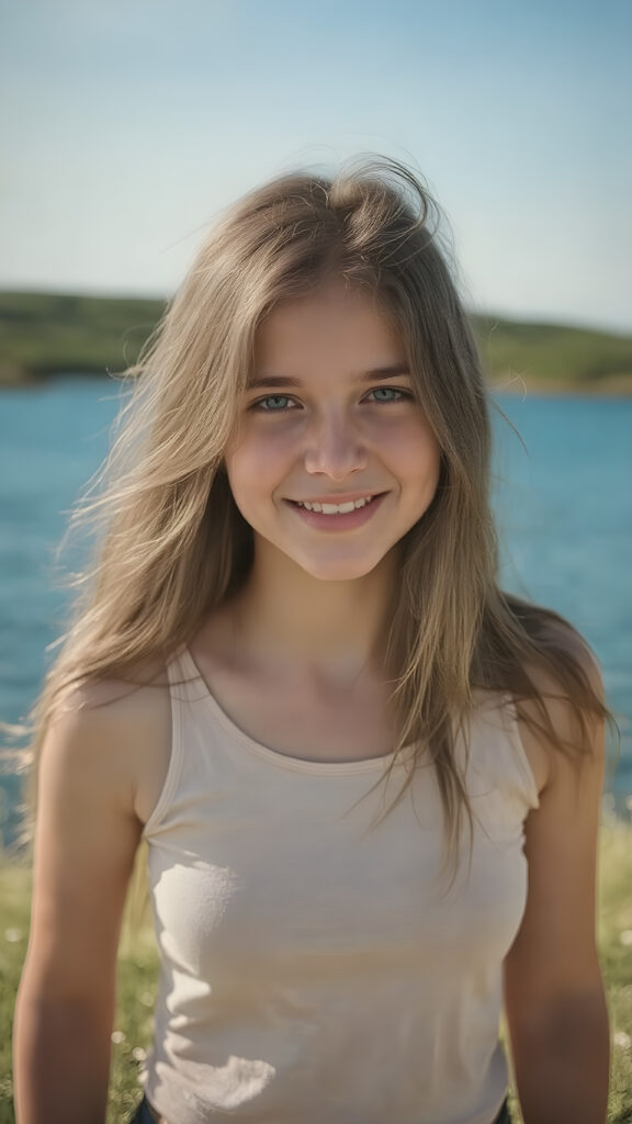 a fantastic young adult teen girl, she is my daughter, with long brown soft hair is standing in a sunny meadow. In the background is a deep blue lake, she is smiling, ((detailed and super realistic)), she wears a short plain tank top