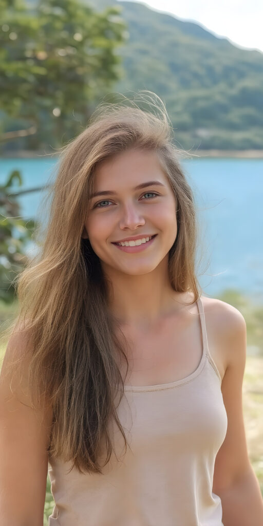 a fantastic young adult tanned petite teen girl, she is my daughter, with long jet amber soft hair, she is standing in a sunny meadow. In the background is a deep blue lake, she is smiling, ((detailed and super realistic)), she wears a short plain tank top