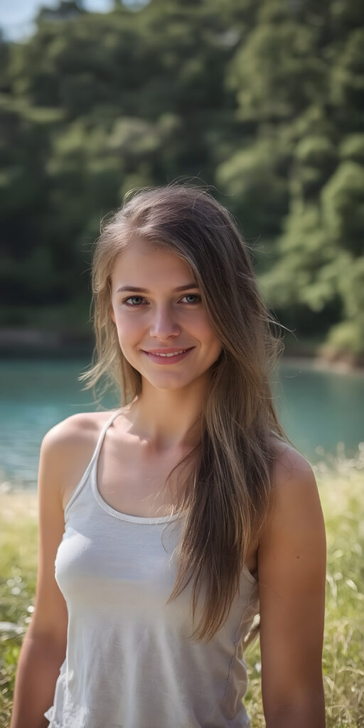 a fantastic young adult tanned petite teen girl, she is my daughter, with long jet amber soft hair, she is standing in a sunny meadow. In the background is a deep blue lake, she is smiling, ((detailed and super realistic)), she wears a short plain tank top