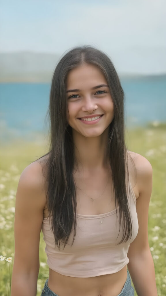 a fantastic young adult tanned teen girl, she is my daughter, with long straight black soft hair is standing in a sunny meadow. In the background is a deep blue lake, she is smiling, ((detailed and super realistic)), she wears a short plain tank top