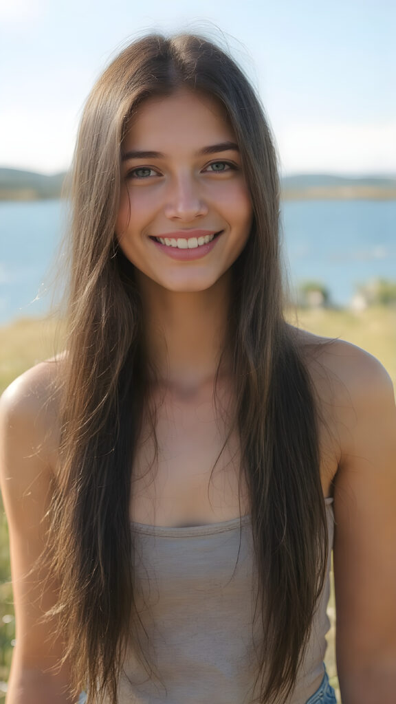 a fantastic young adult tanned teen girl, she is my daughter, with long straight black soft hair is standing in a sunny meadow. In the background is a deep blue lake, she is smiling, ((detailed and super realistic)), she wears a short plain tank top