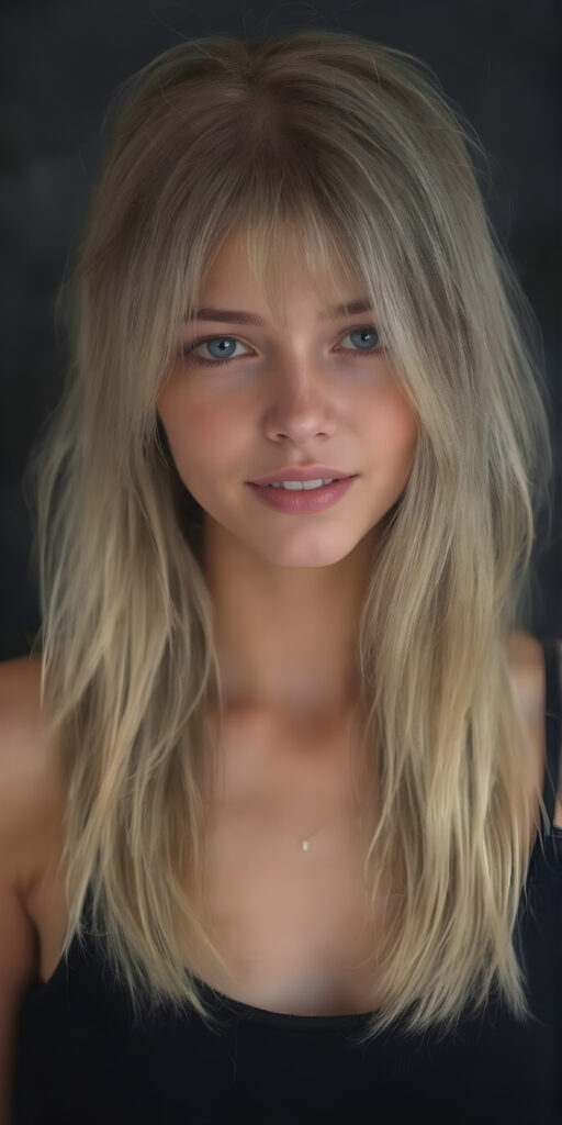 a (((full body image))) of a beautifully (((young provocative teen girl))), with a sleek, (((long, straight soft blond layered hair))), that gently waves into a playful smile, gothic dressing style, dressed in a (((black, layered short tank top))); poised confidently, as if embodying the essence of a whimsically rebellious teenage girl. (((skinny and cute with a petite, yet shapely, upper body, hint of a belly pooch, that perfectly complements her youthful features, including perfectly straight, white teeth that sparkle like diamonds, advanced detail around the edges of her hair, to give a 16-year-old a sense of timeless rebellion.