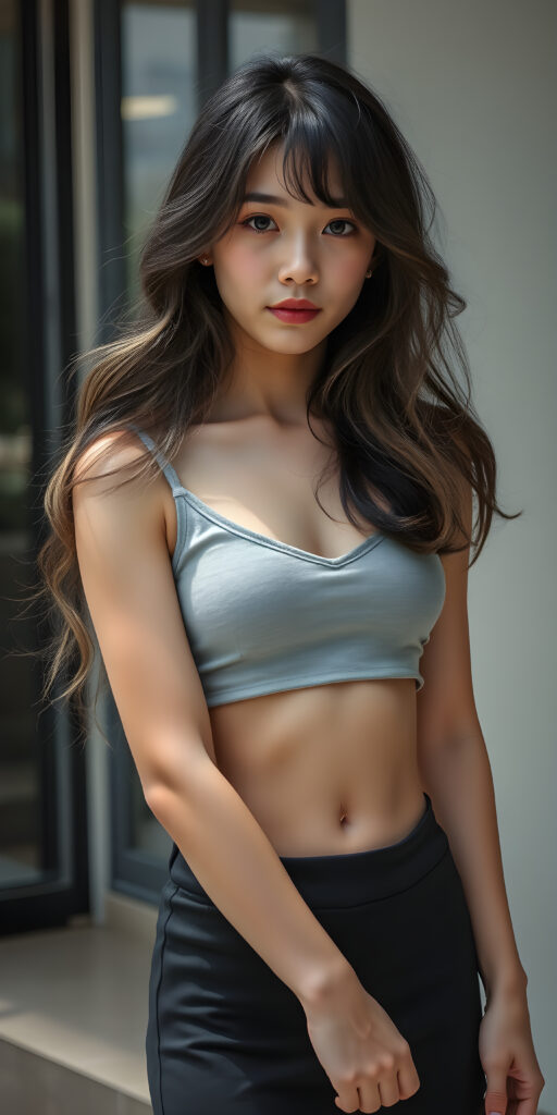 a (((full body and full length))) (((cute young adult Asian teen girl))) with (((thoughtfully long soft wavy obsidian black hair and blond highlights, same length right and left))), into a (((playful but welcoming pose, seductive))), as she gives off an air of (carefulness and attention to detail) in her expression, round face. Her (((vividly beautiful eyes))), which exude a sense of (curious intelligence), are framed by (full, defined kissable lips) that convey a feeling of (playfulness). She wears a (softly fitted light grey cropped tank top made of fine wool and deep v-neck, well busty), (round black mini skirt, show her legs)