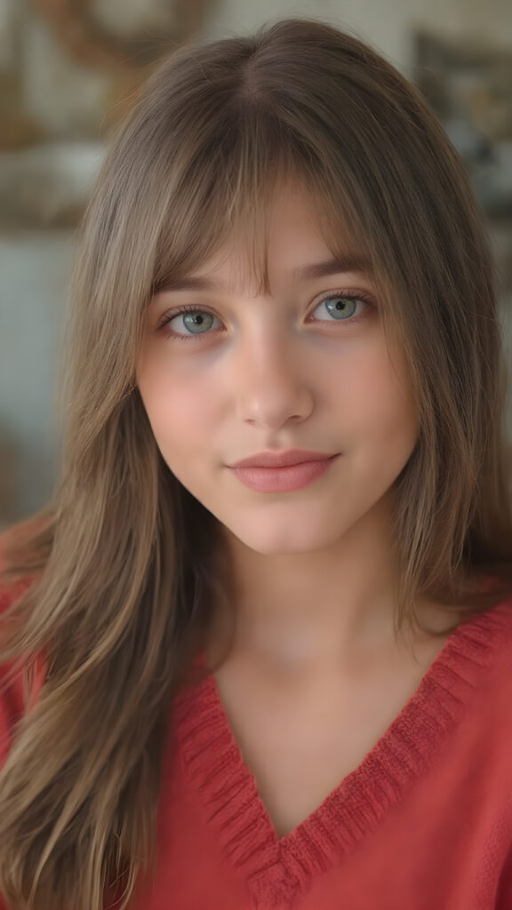 a (((full body and full length))) (((cute young adult girl))) with (((thoughtfully long soft straight hair))), into a (((playful but welcoming pose))), as she gives off an air of (carefulness and attention to detail) in her expression, round face. Her (((vividly beautiful eyes))), which exude a sense of (curious intelligence), are framed by (full, defined kissable lips) that convey a feeling of (playfulness). She wears a (softly fitted cropped sweater made of fine wool and deep v-neck, well busty)