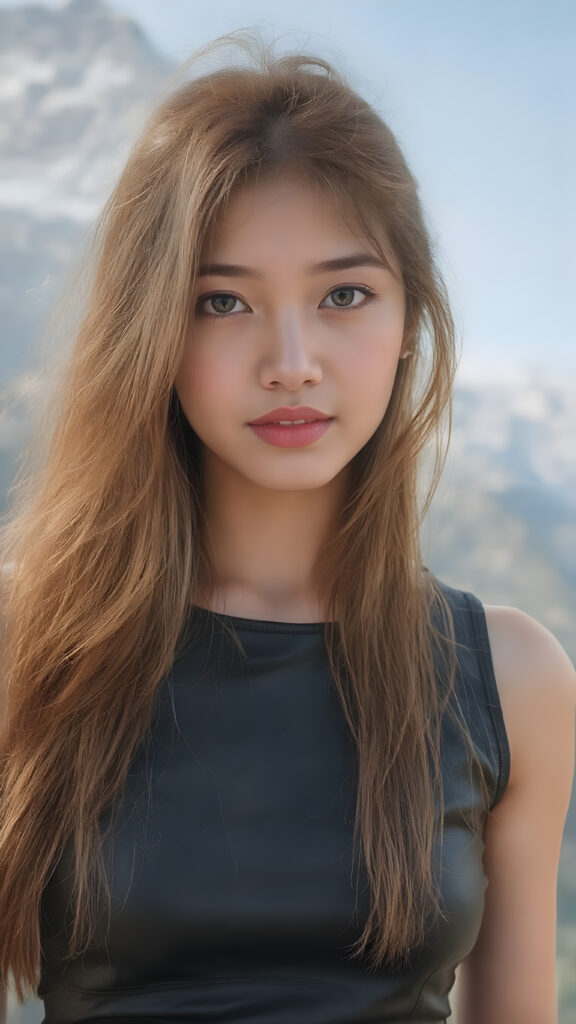 a (((full body view))) of a (((stunningly beautiful and cute young Asian girl))), with long, flowing red locks framing her face, which is adorned with (((vividly colored, detailed eyes))), that sparkle like diamonds in the (sunlight). Her lips are full, painted in (bold, contrasting colors) that perfectly complement her features. She's dressed in a sleek, ((black leather tank top and short jeans)), with (gold details) that accentuate her youthful beauty. Her hair is styled in loose, flowing waves that mirror the (diamonds) that match her flawless features. She's poised against a backdrop of the (mountains) that perfectly frame her features. This advanced prompt captures her perfectly detailed, hyperrealistic face and frame, showcasing her full body and emphasizing her (gorgeous eyes) and (sun-kissed skin) that match the advanced prompt advanced photography techniques. She's truly a breathtaking image that exudes hyperrealism and photorealism at an 8K resolution