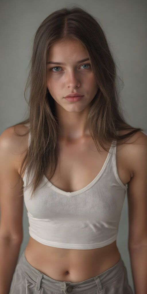 a (((full body shot))) of a (((beautiful sleek young tomboy girl))), with ((long, jet brown soft hair)), and ((perfect-fit body)), dressed in a ((short cropped white tank top, deep v-neck)), paired with a ((mini skirt)), she is looking very sad to the viewer, front view from above, grey empty backdrop