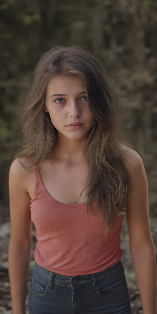 a (((full body portrait (((young busty teen girl))), her hair in (((long, wavy locks))), with dark, striking eyes, exuding an air of innocence and cuteness. Her features are sharply defined, with full lips and an ethereal beauty reflective of an angelic visage. In the background, a (quarry) with its distinctive contours and stone walls provides a beautifully contrasting backdrop, she wears short jeans pants, tank top with deep v-neck, wide open front)))