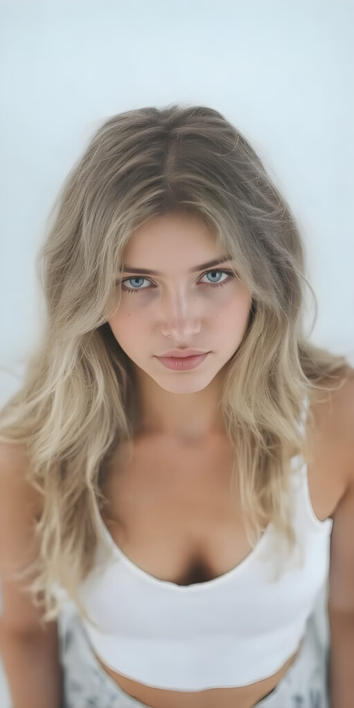 a (((full body shot))) of a (((beautiful sleek teenage girl))), with ((long, wavy white soft hair)), and ((perfect-fit body)), dressed in a ((short cropped white tank top, deep v-neck)), paired with a ((mini skirt)), she is looking very sad to the viewer, front view from above, grey empty backdrop