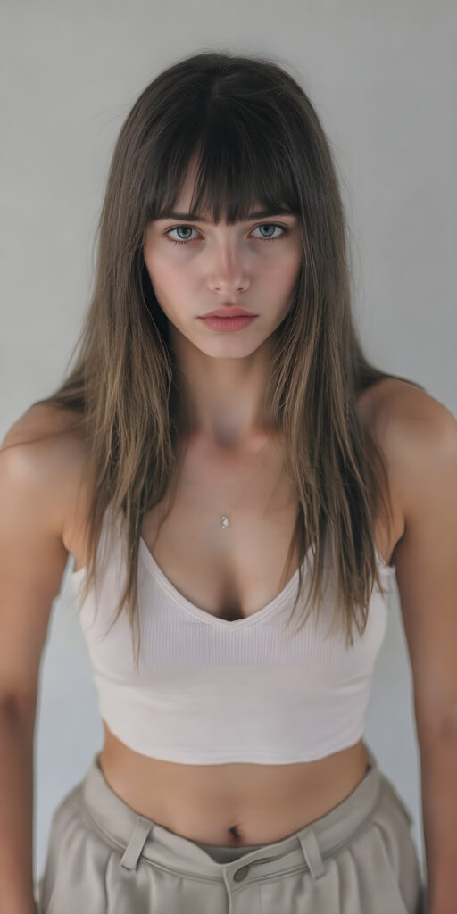 a (((full body shot))) of a (((beautiful sleek young tomboy girl))), with ((long, jet brown soft hair)), and ((perfect-fit body)), dressed in a ((short cropped white tank top, deep v-neck)), paired with a ((mini skirt)), she is looking very sad to the viewer, front view from above, grey empty backdrop