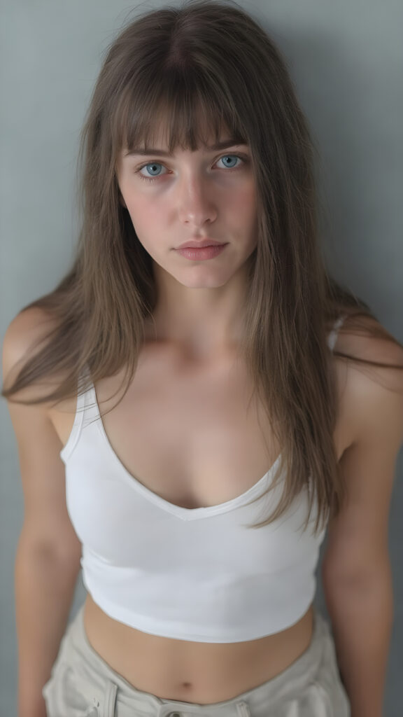 a (((full body shot))) of a (((beautiful sleek teen girl))), with ((long, jet brown soft hair, bangs)), and ((perfect-fit body)), dressed in a ((short cropped white tank top, deep v-neck)), paired with a ((mini skirt)), she is looking very sad and lonely to the viewer, front view from above, grey empty backdrop