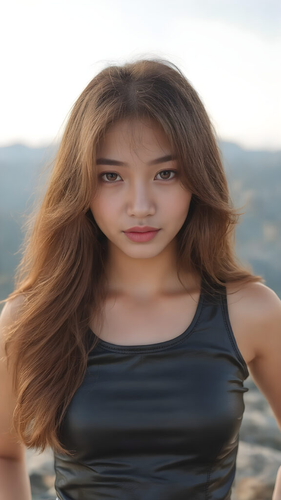 a (((full body view))) of a (((stunningly beautiful and cute young Asian girl))), with long, flowing red locks framing her face, which is adorned with (((vividly colored, detailed eyes))), that sparkle like diamonds in the (sunlight). Her lips are full, painted in (bold, contrasting colors) that perfectly complement her features. She's dressed in a sleek, ((black leather tank top and short jeans)), with (gold details) that accentuate her youthful beauty. Her hair is styled in loose, flowing waves that mirror the (diamonds) that match her flawless features. She's poised against a backdrop of the (mountains) that perfectly frame her features. This advanced prompt captures her perfectly detailed, hyperrealistic face and frame, showcasing her full body and emphasizing her (gorgeous eyes) and (sun-kissed skin) that match the advanced prompt advanced photography techniques. She's truly a breathtaking image that exudes hyperrealism and photorealism at an 8K resolution