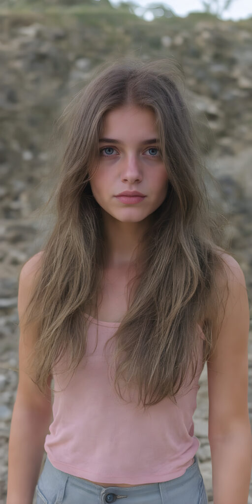 a (((full body portrait (((young teen girl))), her hair in (((long, wavy locks))), with dark, striking eyes, exuding an air of innocence and cuteness. Her features are sharply defined, with full lips and an ethereal beauty reflective of an angelic visage. In the background, a (quarry) with its distinctive contours and stone walls provides a beautifully contrasting backdrop, she wears short jeans pants, tank top)))