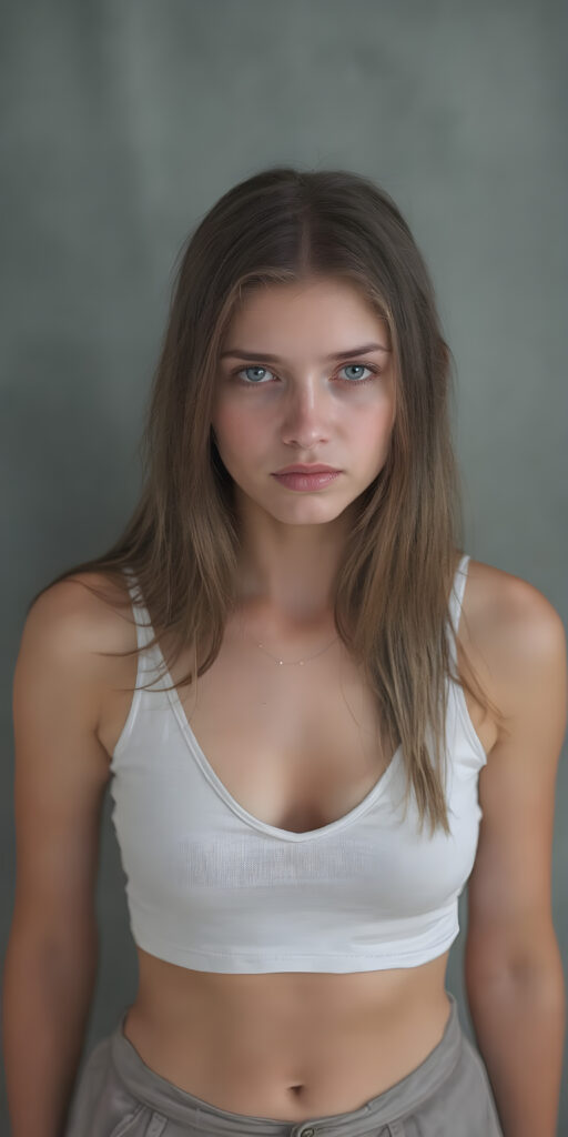 a (((full body shot))) of a (((beautiful sleek young tomboy girl))), with ((long, jet brown soft hair)), and ((perfect-fit body)), dressed in a ((short cropped white tank top, deep v-neck)), paired with a ((mini skirt)), she is looking very sad to the viewer, front view from above, grey empty backdrop