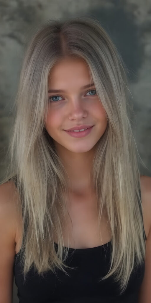 a (((full body image))) of a beautifully (((young provocative teen girl))), with a sleek, (((long, straight soft blond layered hair))), that gently waves into a playful smile, gothic dressing style, dressed in a (((black, layered short tank top))); poised confidently, as if embodying the essence of a whimsically rebellious teenage girl. (((skinny and cute with a petite, yet shapely, upper body, hint of a belly pooch, that perfectly complements her youthful features, including perfectly straight, white teeth that sparkle like diamonds, advanced detail around the edges of her hair, to give a 16-year-old a sense of timeless rebellion.