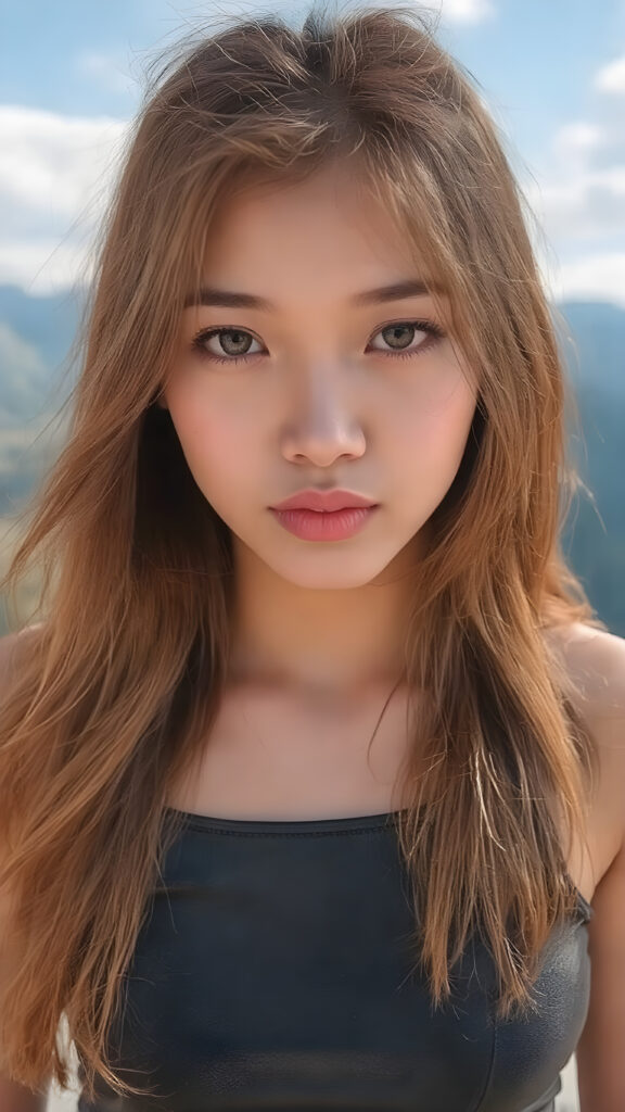 a (((full body view))) of a (((stunningly beautiful and cute young Asian girl))), with long, flowing red locks framing her face, which is adorned with (((vividly colored, detailed eyes))), that sparkle like diamonds in the (sunlight). Her lips are full, painted in (bold, contrasting colors) that perfectly complement her features. She's dressed in a sleek, ((black leather tank top and short jeans)), with (gold details) that accentuate her youthful beauty. Her hair is styled in loose, flowing waves that mirror the (diamonds) that match her flawless features. She's poised against a backdrop of the (mountains) that perfectly frame her features. This advanced prompt captures her perfectly detailed, hyperrealistic face and frame, showcasing her full body and emphasizing her (gorgeous eyes) and (sun-kissed skin) that match the advanced prompt advanced photography techniques. She's truly a breathtaking image that exudes hyperrealism and photorealism at an 8K resolution