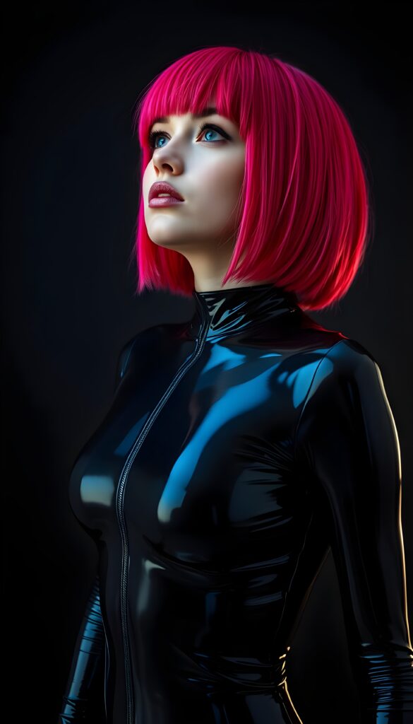 a (((full body shot))) of a (((young cute well busty woman))) with (((straight jet and soft neon red and pink hair, perfect shoulder length bob cut))), and (((vividly pink-dyed locks))), dressed in a (((shiny, sleek black full body latex catsuit))) that reflects the light in a (vivid, luxurious, high-quality backdrop), she looks up, view from the side, all against a dark backdrop, perfect light and shadows.