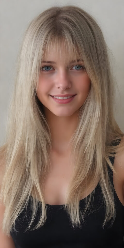 a (((full body image))) of a beautifully (((young provocative teen girl))), with a sleek, (((long, straight soft blond layered hair))), that gently waves into a playful smile, gothic dressing style, dressed in a (((black, layered short tank top))); poised confidently, as if embodying the essence of a whimsically rebellious teenage girl. (((skinny and cute with a petite, yet shapely, upper body, hint of a belly pooch, that perfectly complements her youthful features, including perfectly straight, white teeth that sparkle like diamonds, advanced detail around the edges of her hair, to give a 16-year-old a sense of timeless rebellion.