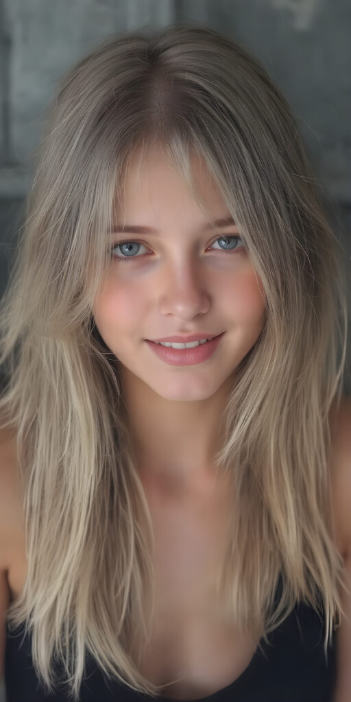 a (((full body image))) of a beautifully (((young provocative teen girl))), with a sleek, (((long, straight soft blond layered hair))), that gently waves into a playful smile, gothic dressing style, dressed in a (((black, layered short tank top))); poised confidently, as if embodying the essence of a whimsically rebellious teenage girl. (((skinny and cute with a petite, yet shapely, upper body, hint of a belly pooch, that perfectly complements her youthful features, including perfectly straight, white teeth that sparkle like diamonds, advanced detail around the edges of her hair, to give a 16-year-old a sense of timeless rebellion.