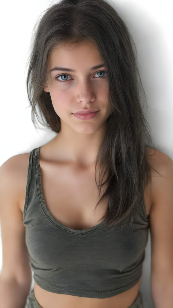 a (((full body portrait))), featuring a (((nice-looking young girl))) with flowing black hair and (((piercing blue eyes))), dressed in a sleek (((cropped sport tank top, deep v-neck in a camouflage pattern))), paired with classic (((short cargo pants))), posed confidently with a warm smile directed at the viewer. The scene is set against a (white backdrop) that complements the advanced lighting and advanced post-processing techniques, resulting in a masterfully advanced digital painting that embodies high detail and high quality, representing a timeless art style that exudes elegance and charm. She is the perfect embodiment of youthful beauty, with advanced lighting techniques and advanced digital painting techniques, showcasing every detail of her face and body in the highest level of detail and clarity. ((Straight hair)) ((Full body shot)) (((High-res, ultra-realistic image with intricate details))) ((perfect hands)) with long, flowing fingers and delicate, soft skin.