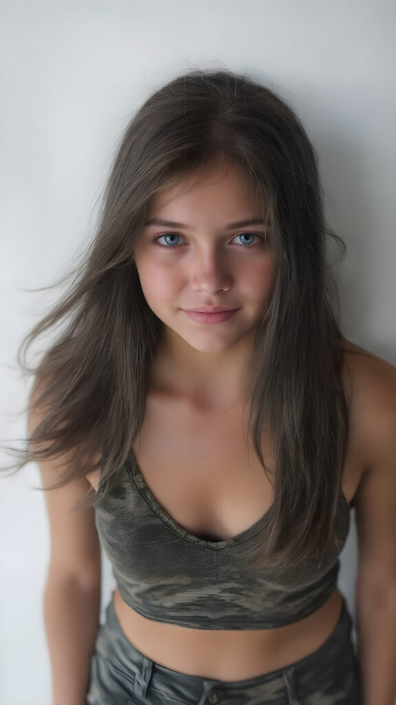 a (((full body portrait))), featuring a (((nice-looking young girl))) with flowing black hair and (((piercing blue eyes))), dressed in a sleek (((cropped sport tank top, deep v-neck in a camouflage pattern))), paired with classic (((short cargo pants))), posed confidently with a warm smile directed at the viewer. The scene is set against a (white backdrop) that complements the advanced lighting and advanced post-processing techniques, resulting in a masterfully advanced digital painting that embodies high detail and high quality, representing a timeless art style that exudes elegance and charm. She is the perfect embodiment of youthful beauty, with advanced lighting techniques and advanced digital painting techniques, showcasing every detail of her face and body in the highest level of detail and clarity. ((Straight hair)) ((Full body shot)) (((High-res, ultra-realistic image with intricate details))) ((perfect hands)) with long, flowing fingers and delicate, soft skin.