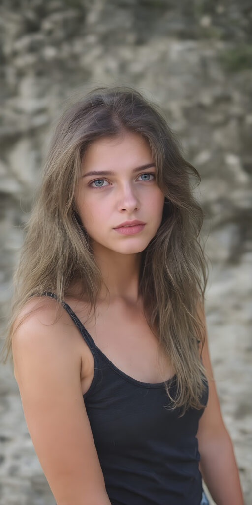 a (((full body portrait (((young teen girl))), her hair in (((long, wavy locks))), with dark, striking eyes, exuding an air of innocence and cuteness. Her features are sharply defined, with full lips and an ethereal beauty reflective of an angelic visage. In the background, a (quarry) with its distinctive contours and stone walls provides a beautifully contrasting backdrop, she wears short jeans pants, tank top)))