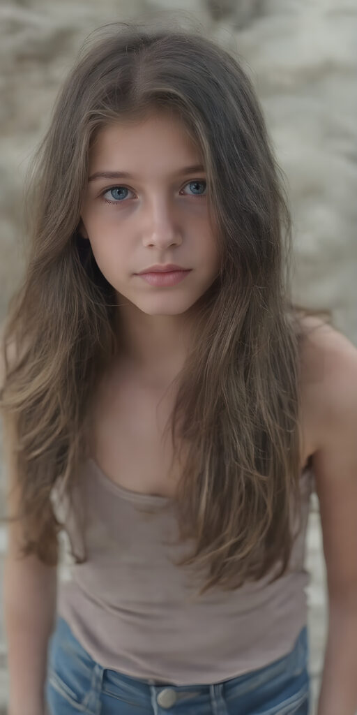 a (((full body portrait (((young teen girl))), her hair in (((long, wavy locks))), with dark, striking eyes, exuding an air of innocence and cuteness. Her features are sharply defined, with full lips and an ethereal beauty reflective of an angelic visage. In the background, a (quarry) with its distinctive contours and stone walls provides a beautifully contrasting backdrop, she wears short jeans pants, tank top)))