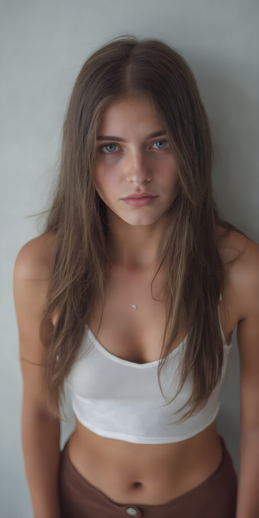 a (((full body shot))) of a (((beautiful sleek young tomboy girl))), with ((long, jet brown soft hair)), and ((perfect-fit body)), dressed in a ((short cropped white tank top, deep v-neck)), paired with a ((mini skirt)), she is looking very sad to the viewer, front view from above, grey empty backdrop