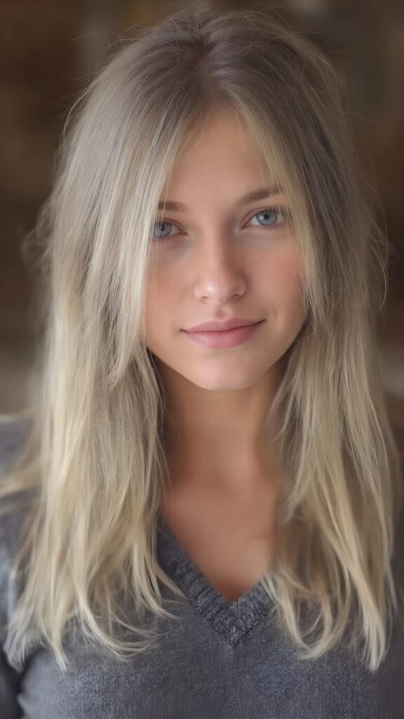 a (((full body and full length))) (((cute young adult girl))) with (((thoughtfully long soft straight hair))), into a (((playful but welcoming pose))), as she gives off an air of (carefulness and attention to detail) in her expression, round face. Her (((vividly beautiful eyes))), which exude a sense of (curious intelligence), are framed by (full, defined kissable lips) that convey a feeling of (playfulness). She wears a (softly fitted cropped sweater made of fine wool and deep v-neck, well busty)