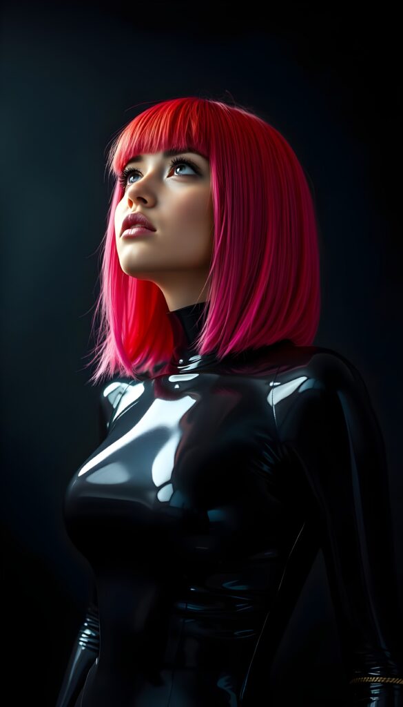a (((full body shot))) of a (((young cute well busty woman))) with (((straight jet and soft neon red and pink hair, perfect shoulder length bob cut))), and (((vividly pink-dyed locks))), dressed in a (((shiny, sleek black full body latex catsuit))) that reflects the light in a (vivid, luxurious, high-quality backdrop), she looks up, view from the side, all against a dark backdrop, perfect light and shadows.