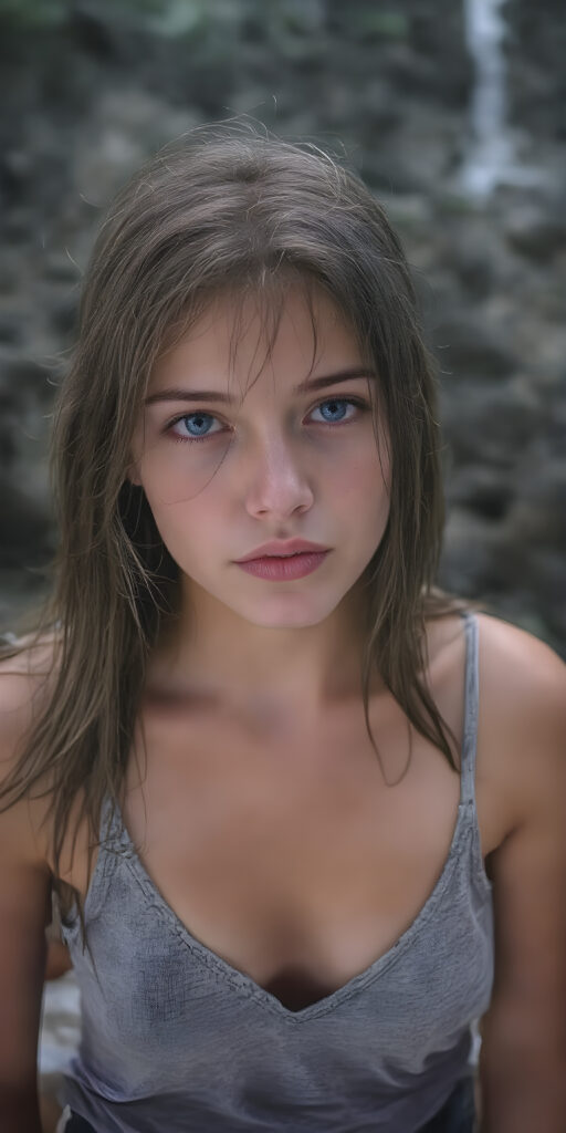 a (((full body portrait (((young busty tomboy teen girl))), her wet hair in (((long and straight))), with dark, striking eyes, exuding an air of innocence and cuteness. Her features are sharply defined, with full lips and an ethereal beauty reflective of an angelic visage. In the background, a (quarry) with its distinctive contours and stone walls provides a beautifully contrasting backdrop, she wears short jeans pants, tank top with deep v-neck, wide open front)))