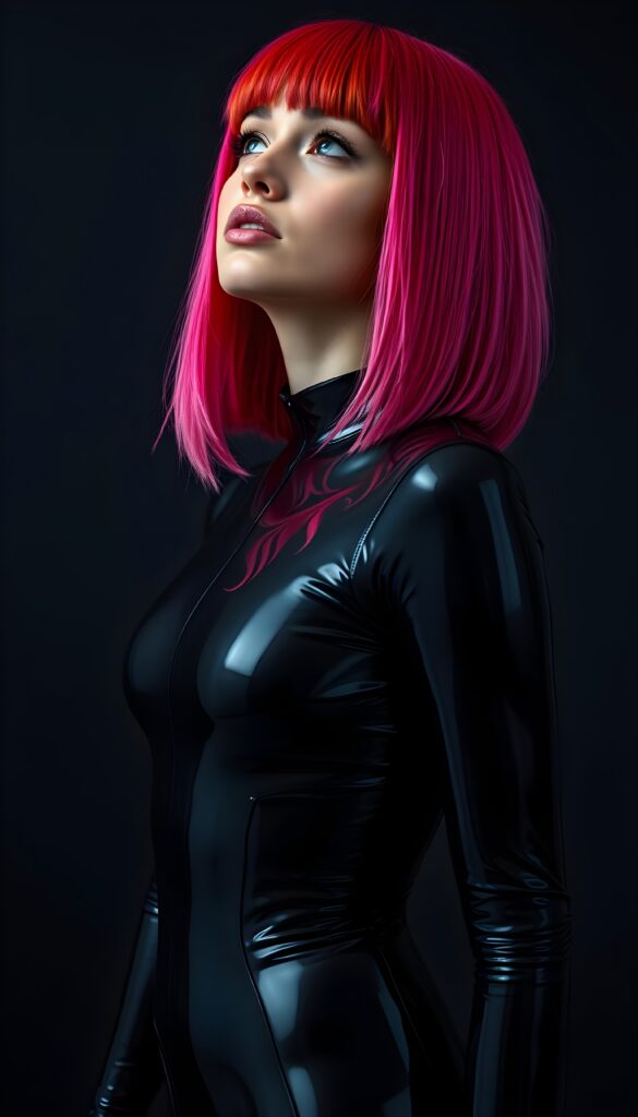 a (((full body shot))) of a (((young cute well busty woman))) with (((straight jet and soft neon red and pink hair, perfect shoulder length bob cut))), and (((vividly pink-dyed locks))), dressed in a (((shiny, sleek black full body latex catsuit))) that reflects the light in a (vivid, luxurious, high-quality backdrop), she looks up, view from the side, all against a dark backdrop, perfect light and shadows.
