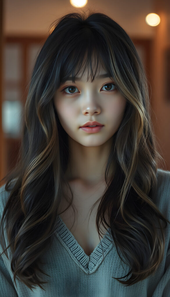 a (((full body and full length))) (((cute young adult Japanese girl))) with (((thoughtfully long soft wavy obsidian black hair and blond highlights))), into a (((playful but welcoming pose))), as she gives off an air of (carefulness and attention to detail) in her expression, round face. Her (((vividly beautiful eyes))), which exude a sense of (curious intelligence), are framed by (full, defined kissable lips) that convey a feeling of (playfulness). She wears a (softly fitted cropped sweater made of fine wool and deep v-neck, well busty)