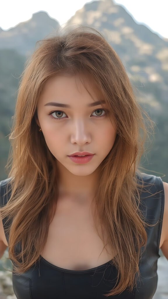 a (((full body view))) of a (((stunningly beautiful and cute young Asian girl))), with long, flowing red locks framing her face, which is adorned with (((vividly colored, detailed eyes))), that sparkle like diamonds in the (sunlight). Her lips are full, painted in (bold, contrasting colors) that perfectly complement her features. She's dressed in a sleek, ((black leather tank top and short jeans)), with (gold details) that accentuate her youthful beauty. Her hair is styled in loose, flowing waves that mirror the (diamonds) that match her flawless features. She's poised against a backdrop of the (mountains) that perfectly frame her features. This advanced prompt captures her perfectly detailed, hyperrealistic face and frame, showcasing her full body and emphasizing her (gorgeous eyes) and (sun-kissed skin) that match the advanced prompt advanced photography techniques. She's truly a breathtaking image that exudes hyperrealism and photorealism at an 8K resolution