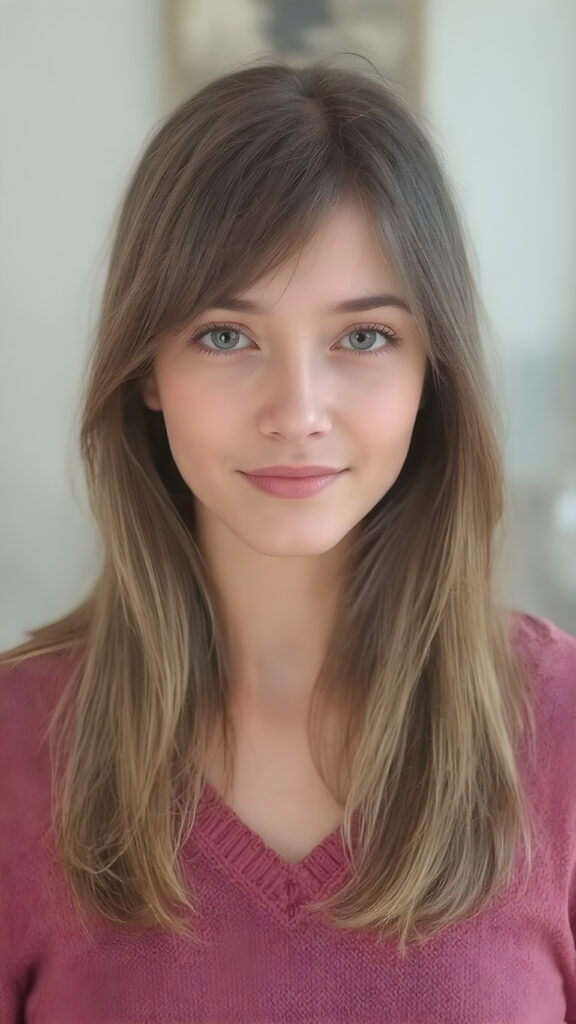 a (((full body and full length))) (((cute young adult girl))) with (((thoughtfully long soft straight hair))), into a (((playful but welcoming pose))), as she gives off an air of (carefulness and attention to detail) in her expression, round face. Her (((vividly beautiful eyes))), which exude a sense of (curious intelligence), are framed by (full, defined kissable lips) that convey a feeling of (playfulness). She wears a (softly fitted cropped sweater made of fine wool and deep v-neck, well busty)