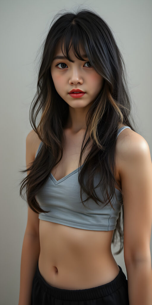 a (((full body and full length))) (((cute young adult Asian teen girl))) with (((thoughtfully long soft wavy obsidian black hair and blond highlights, same length right and left))), into a (((playful but welcoming pose, seductive))), as she gives off an air of (carefulness and attention to detail) in her expression, round face. Her (((vividly beautiful eyes))), which exude a sense of (curious intelligence), are framed by (full, defined kissable lips) that convey a feeling of (playfulness). She wears a (softly fitted light grey cropped tank top made of fine wool and deep v-neck, well busty), (round black mini skirt, show her legs)