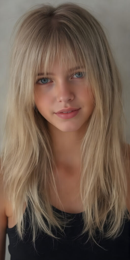 a (((full body image))) of a beautifully (((young provocative teen girl))), with a sleek, (((long, straight soft blond layered hair))), that gently waves into a playful smile, gothic dressing style, dressed in a (((black, layered short tank top))); poised confidently, as if embodying the essence of a whimsically rebellious teenage girl. (((skinny and cute with a petite, yet shapely, upper body, hint of a belly pooch, that perfectly complements her youthful features, including perfectly straight, white teeth that sparkle like diamonds, advanced detail around the edges of her hair, to give a 16-year-old a sense of timeless rebellion.