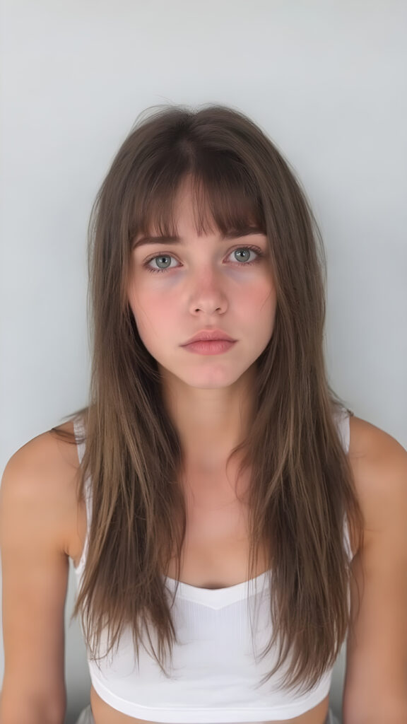 a (((full body shot))) of a (((beautiful sleek teen girl))), with ((long, jet brown soft hair, bangs)), and ((perfect-fit body)), dressed in a ((short cropped white tank top, deep v-neck)), paired with a ((mini skirt)), she is looking very sad and lonely to the viewer, front view from above, grey empty backdrop