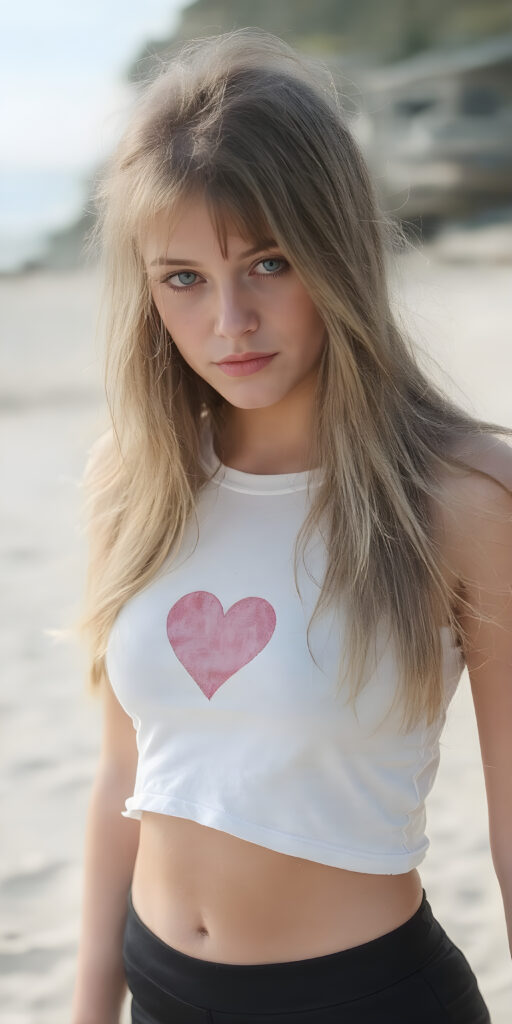 a (((full body shot))) of a (((beautiful teen girl))) with long, flowing (((sandy soft brown straight hair))), green eyes, and a sleekly defined figure, dressed in a tight (((white graphic short t-shirt, perfect curved body))) featuring a (((heart))), paired with a (((black round mini skirt))). She poses confidently on a sunny sandy beach.