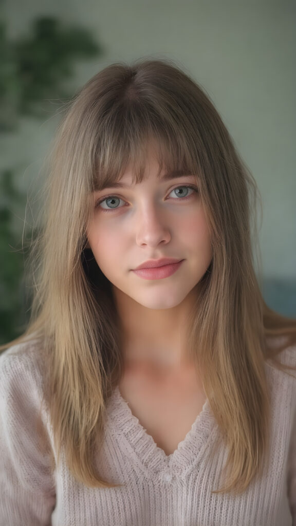 a (((full body and full length))) (((cute young adult girl))) with (((thoughtfully long soft straight hair))), into a (((playful but welcoming pose))), as she gives off an air of (carefulness and attention to detail) in her expression, round face. Her (((vividly beautiful eyes))), which exude a sense of (curious intelligence), are framed by (full, defined kissable lips) that convey a feeling of (playfulness). She wears a (softly fitted cropped sweater made of fine wool and deep v-neck, well busty)