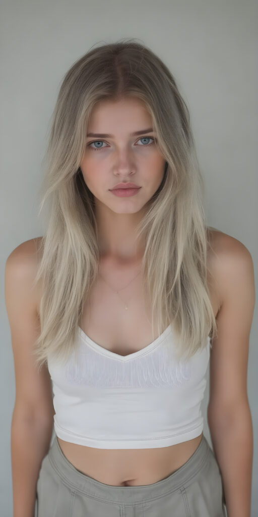 a (((full body shot))) of a (((beautiful sleek teenage girl))), with ((long, wavy white soft hair)), and ((perfect-fit body)), dressed in a ((short cropped white tank top, deep v-neck)), paired with a ((mini skirt)), she is looking very sad to the viewer, front view from above, grey empty backdrop