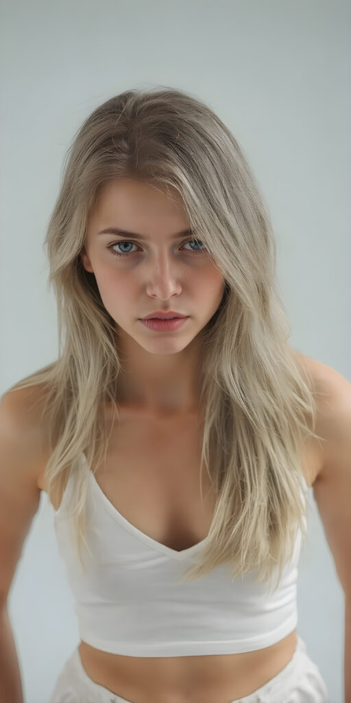 a (((full body shot))) of a (((beautiful sleek teenage girl))), with ((long, wavy white soft hair)), and ((perfect-fit body)), dressed in a ((short cropped white tank top, deep v-neck)), paired with a ((mini skirt)), she is looking very sad to the viewer, front view from above, grey empty backdrop