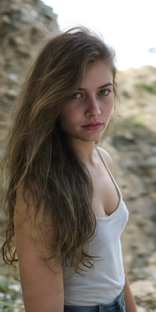 a (((full body portrait (((young teen girl))), her hair in (((long, wavy locks))), with dark, striking eyes, exuding an air of innocence and cuteness. Her features are sharply defined, with full lips and an ethereal beauty reflective of an angelic visage. In the background, a (quarry) with its distinctive contours and stone walls provides a beautifully contrasting backdrop, she wears short jeans pants, tank top)))