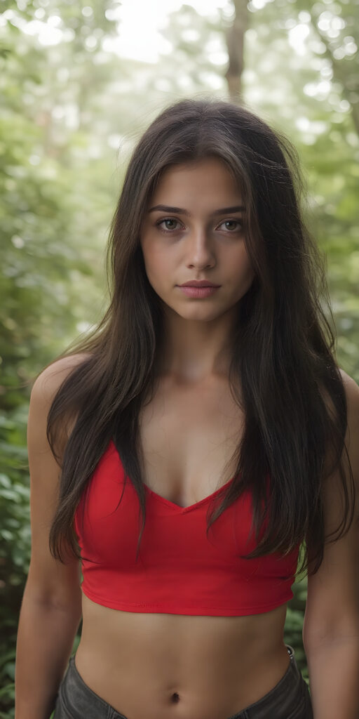 a (((full body shot))) of a (((stunning and gorgeous, well busty))) teen girl, with sleek and flowing (((black hair in loose wavy long hair style))), dressed in a (((bright red fitted cropped tank top with a low V-neck))), that perfectly complements her pale skin, perfect belly button, her features are subtle yet striking, with slightly parted (((pale lips))), and (((adorable eyes))), that give her an air of sophistication. She exudes confidence and poise amidst a (((green forest))), under a (((softly glowing canopy))) that provides a hint of shade. The backdrop is further accentuated by (softly diffused light) that highlights her features and the contrast they provide against the natural world